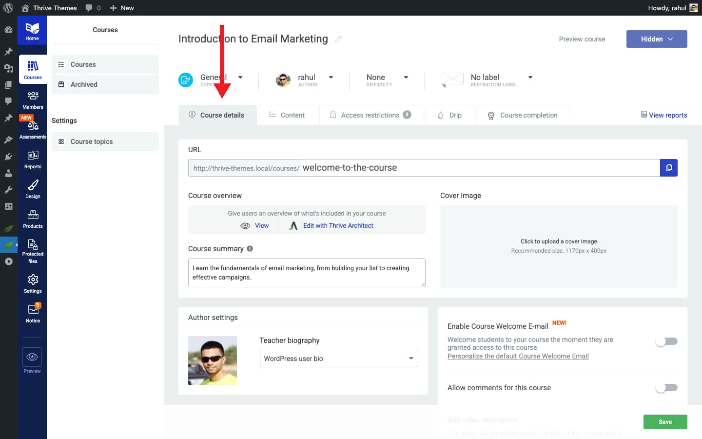 Adding a Video Description to a Course - Course Details tab in Thrive Apprentice
