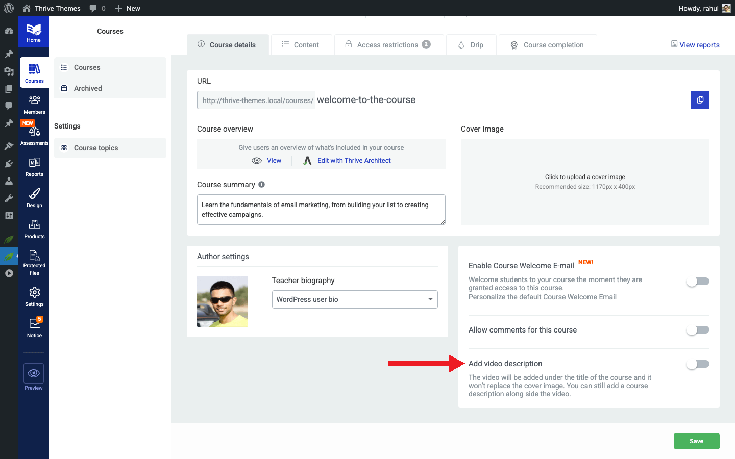 Adding a Video Description to a Course - Video Description toggle in Thrive Apprentice