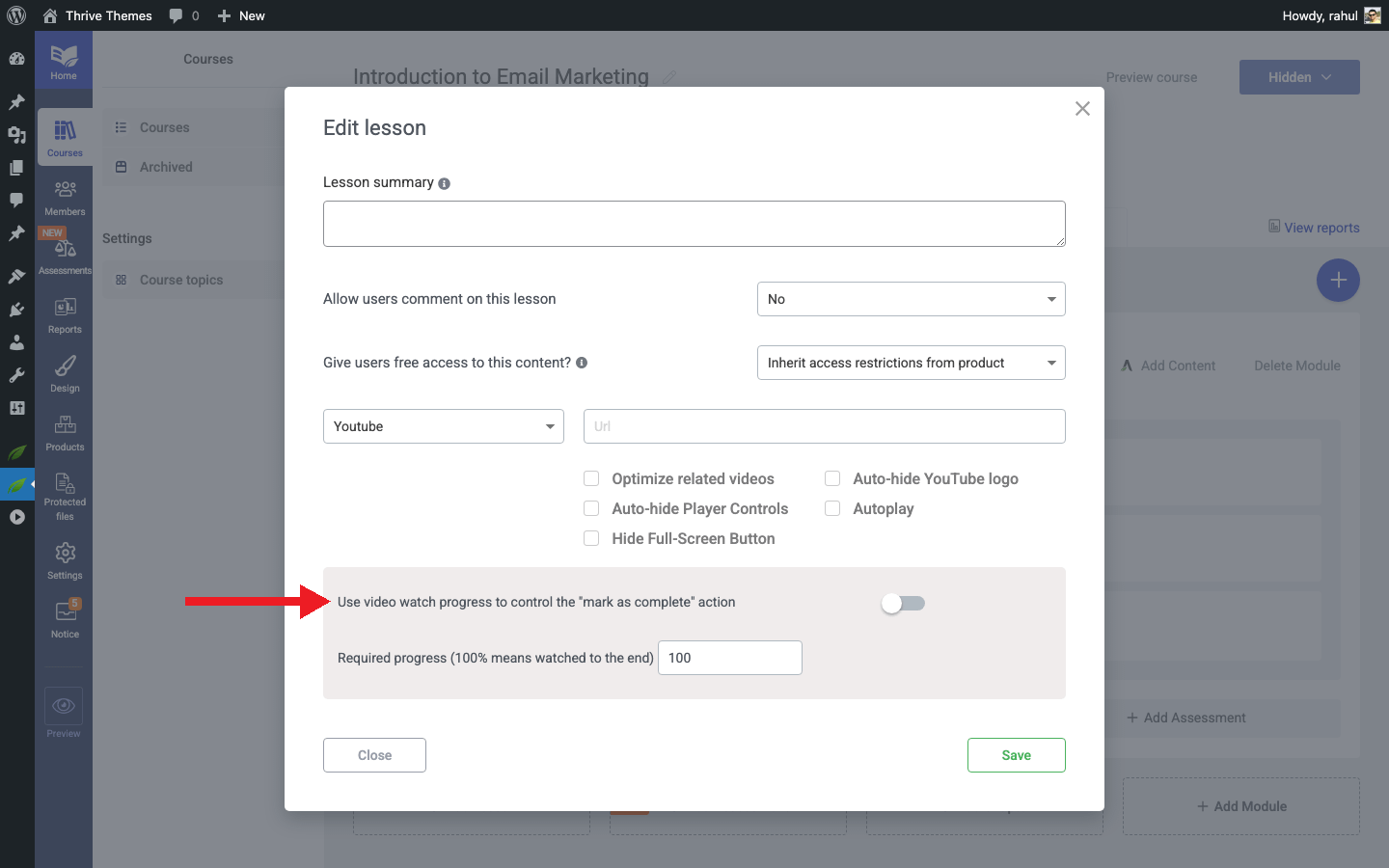 Enabling Video Watch Progress - Video Watch Progress option in Thrive Apprentice