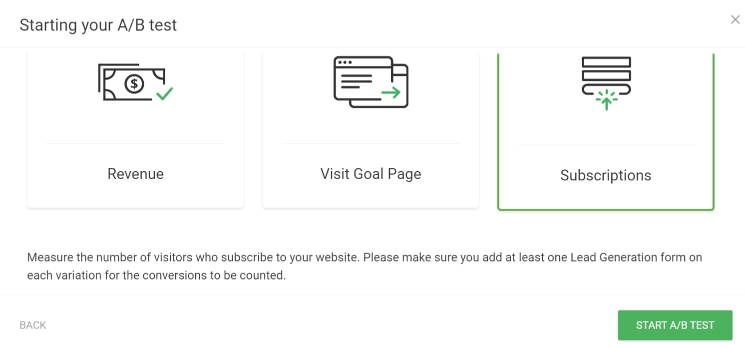 Subscriptions goal setup – opt-in form option in Thrive Optimize