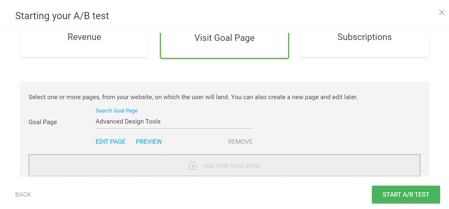 Visit Goal Page setup – selecting a goal page in Thrive Optimize