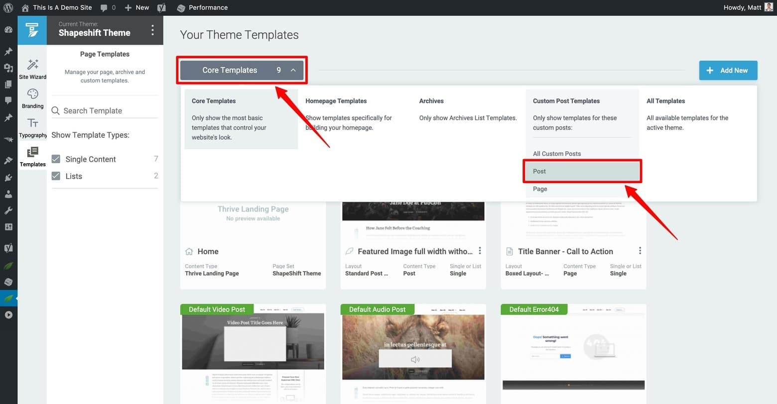 Custom Post Templates dropdown menu 