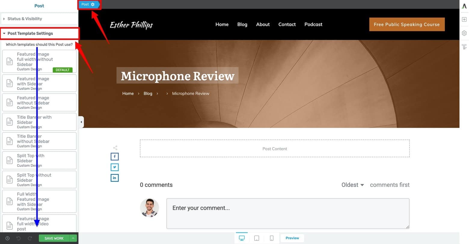 Alternate way to assign a Custom Post Template design within the Thrive Architect editor.
