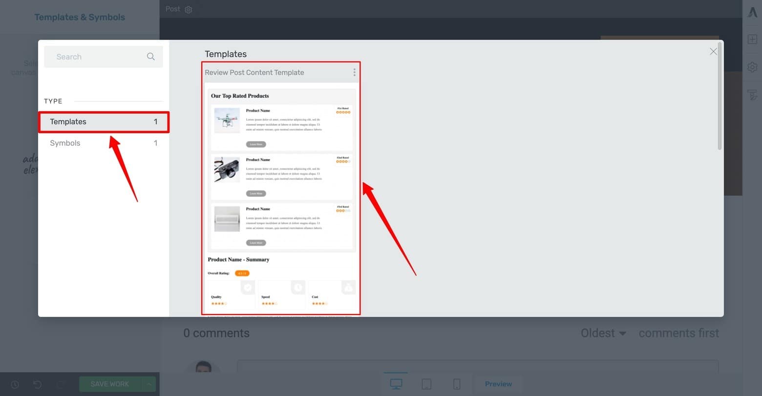 How to load your Content Template within the Content Area of your Thrive Architect editor window 