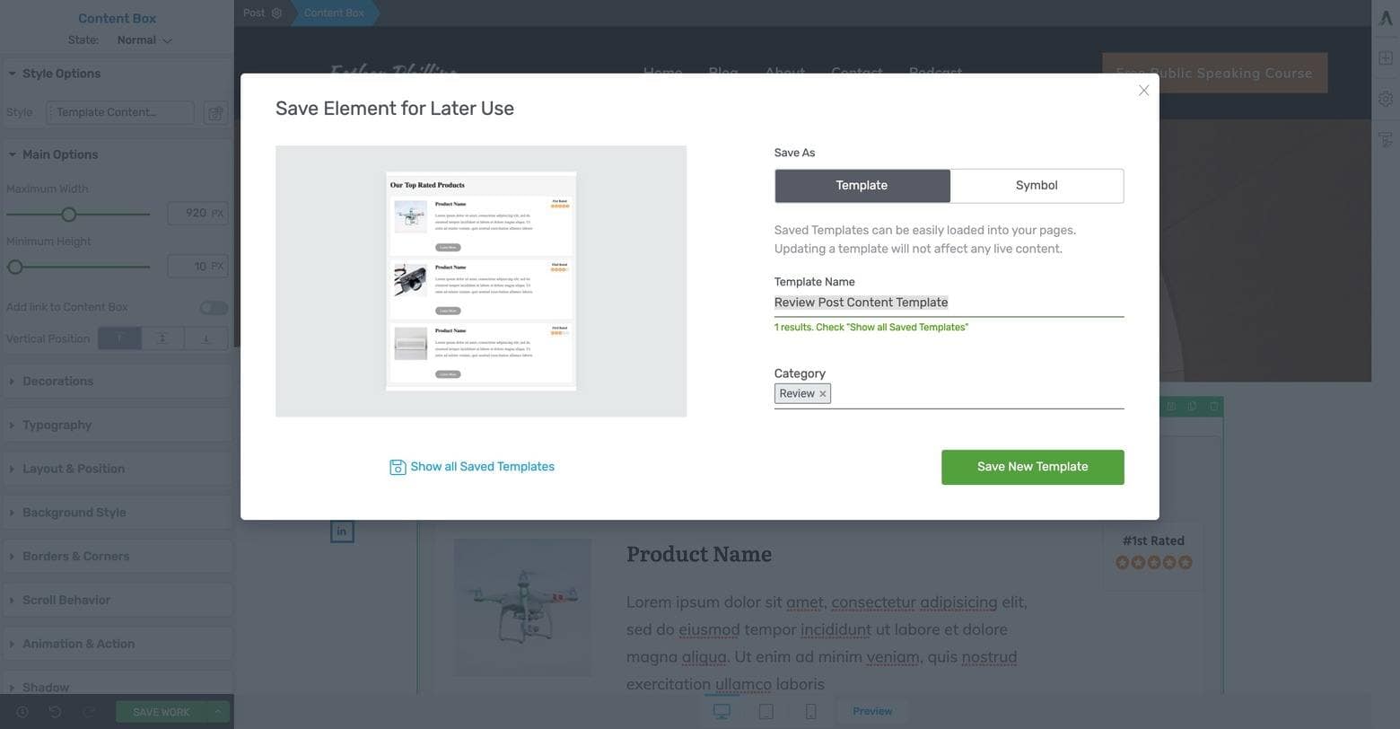 Thrive Architect Content Template Save Lightbox