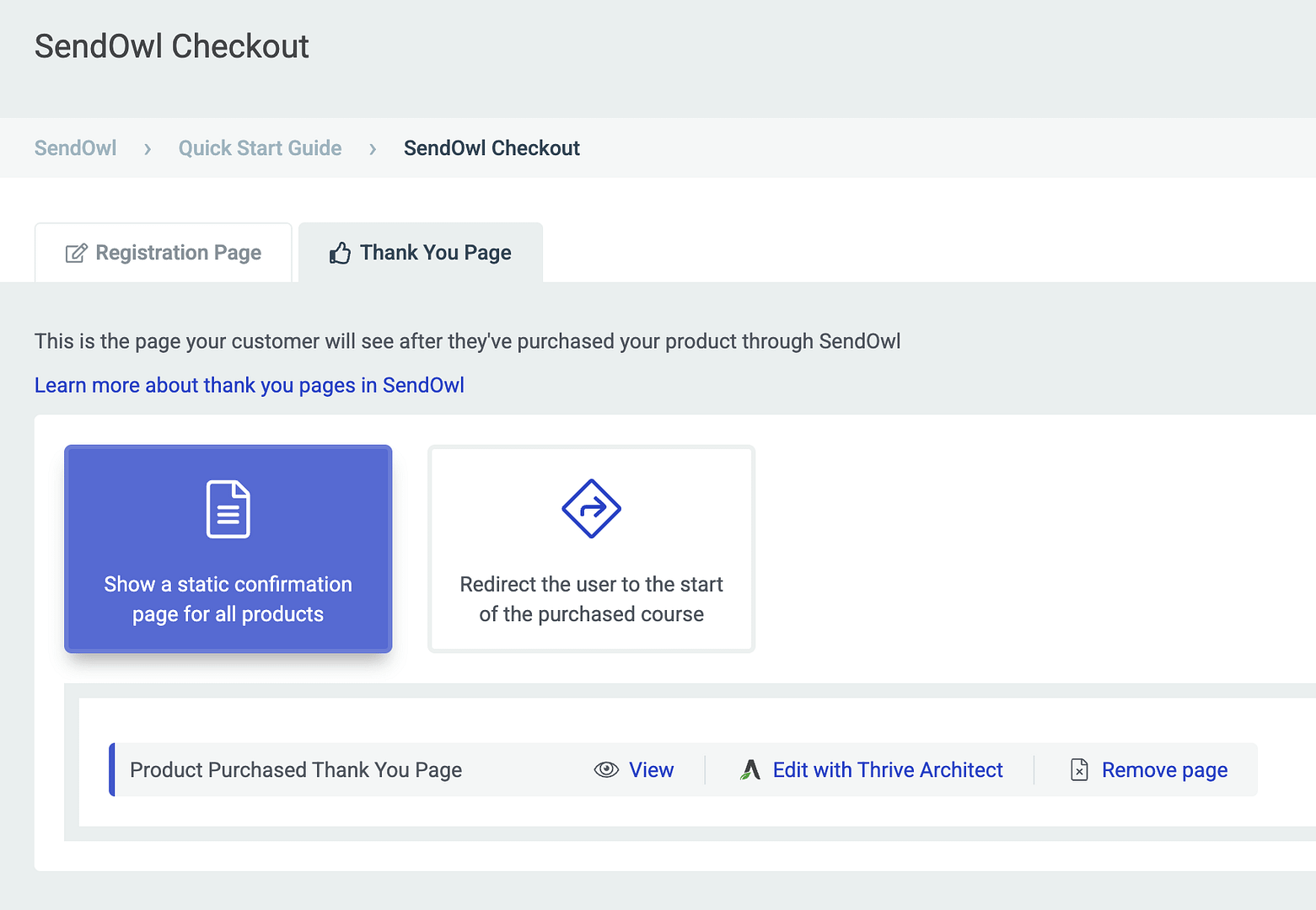 Thank you page configured in checkout settings