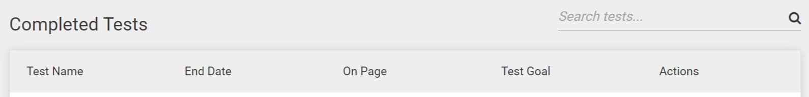 Completed tests table