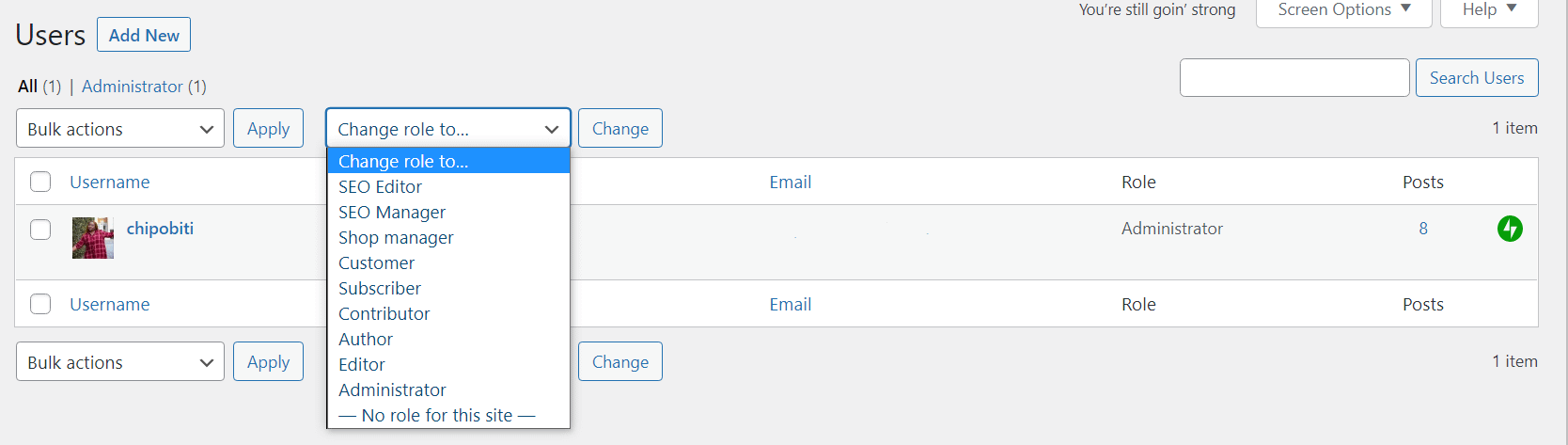 “Users” tab in WordPress Dashboard