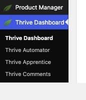 WordPress admin sidebar with Thrive Dashboard expanded, showing the Thrive Dashboard submenu item