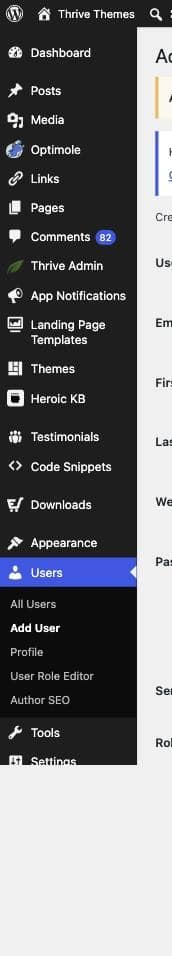 WordPress admin sidebar with Users expanded, showing the Add User menu item