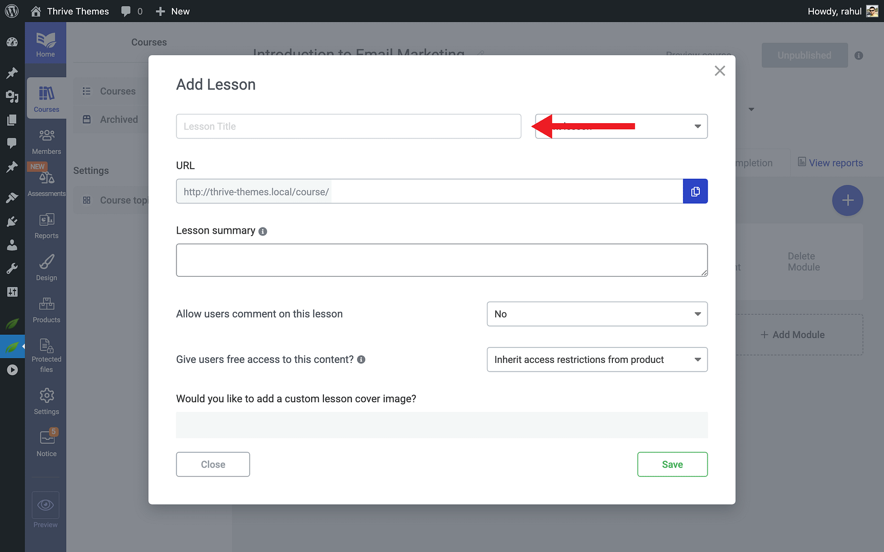 Adding Your First Lesson - Lesson Title in Thrive Apprentice