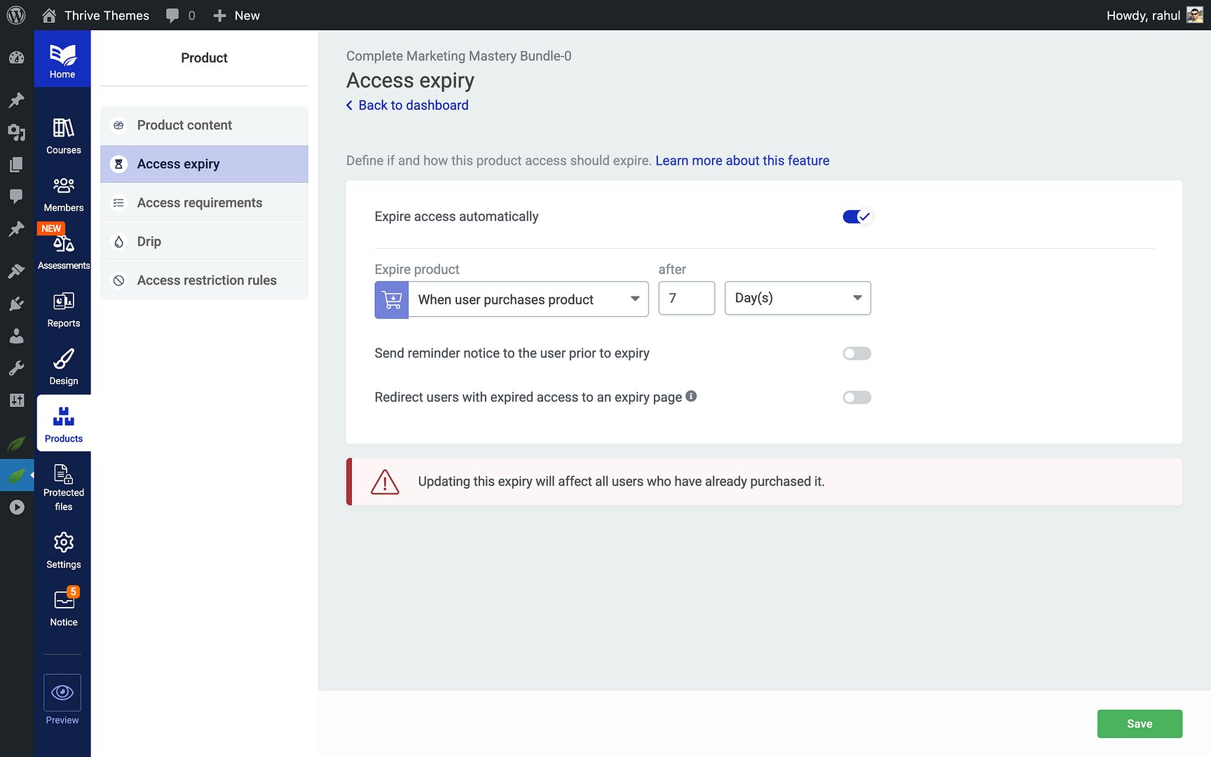 Setting Up an Access Expiry Date - expiry settings in Thrive Apprentice
