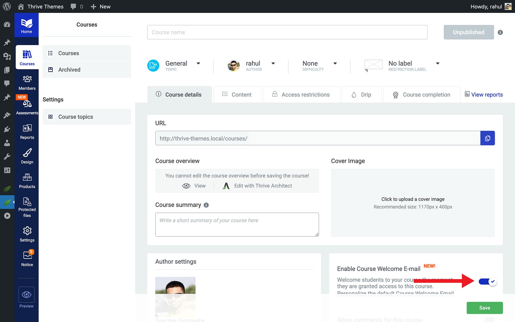 Enabling the Course Welcome Email - Enable Course Welcome E-mail in Thrive Apprentice