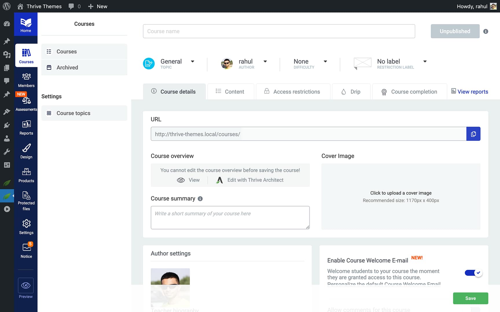 Enabling the Course Welcome Email - toggle in Thrive Apprentice
