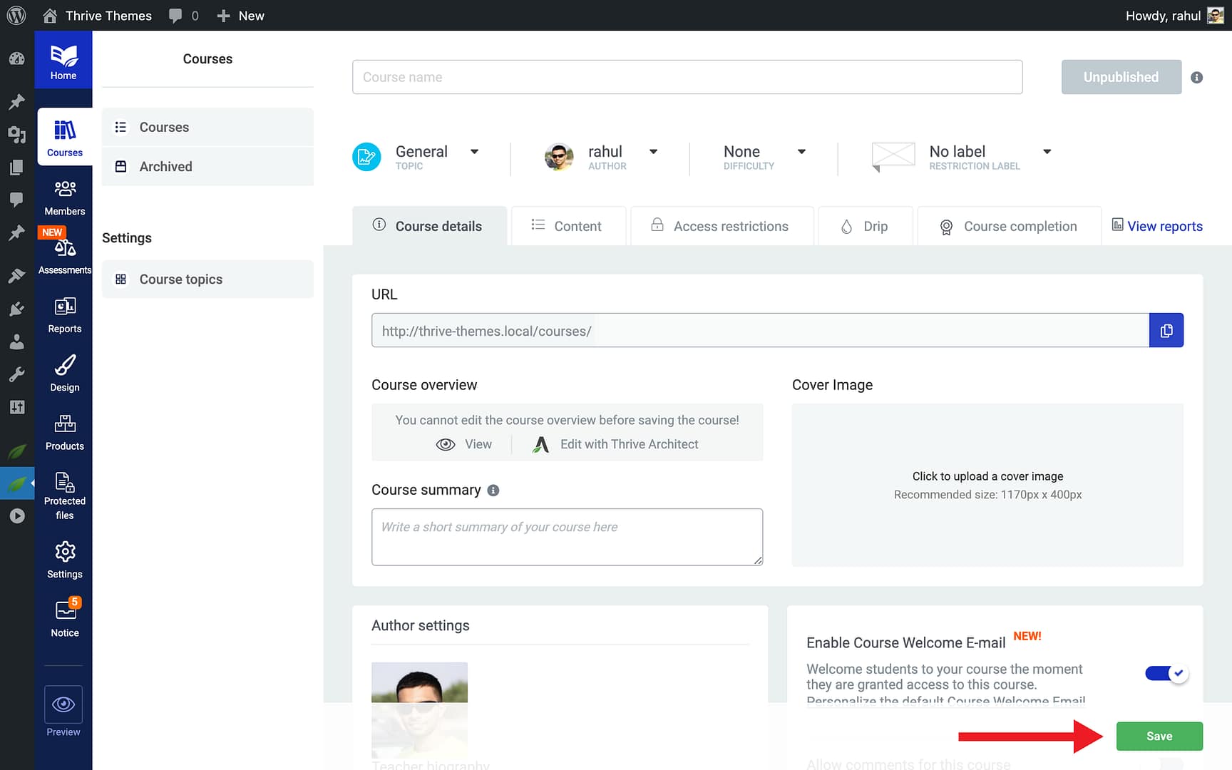 Enabling the Course Welcome Email - Save in Thrive Apprentice