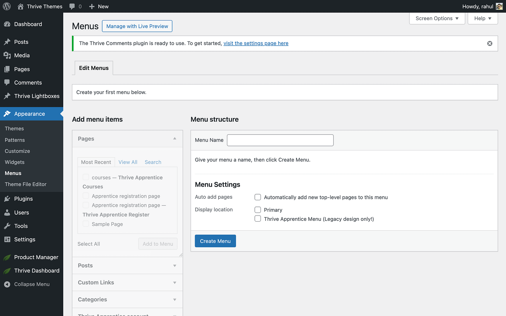Step 3: Add a Menu Link to the Profile Page - Appearance > Menus in Thrive Apprentice