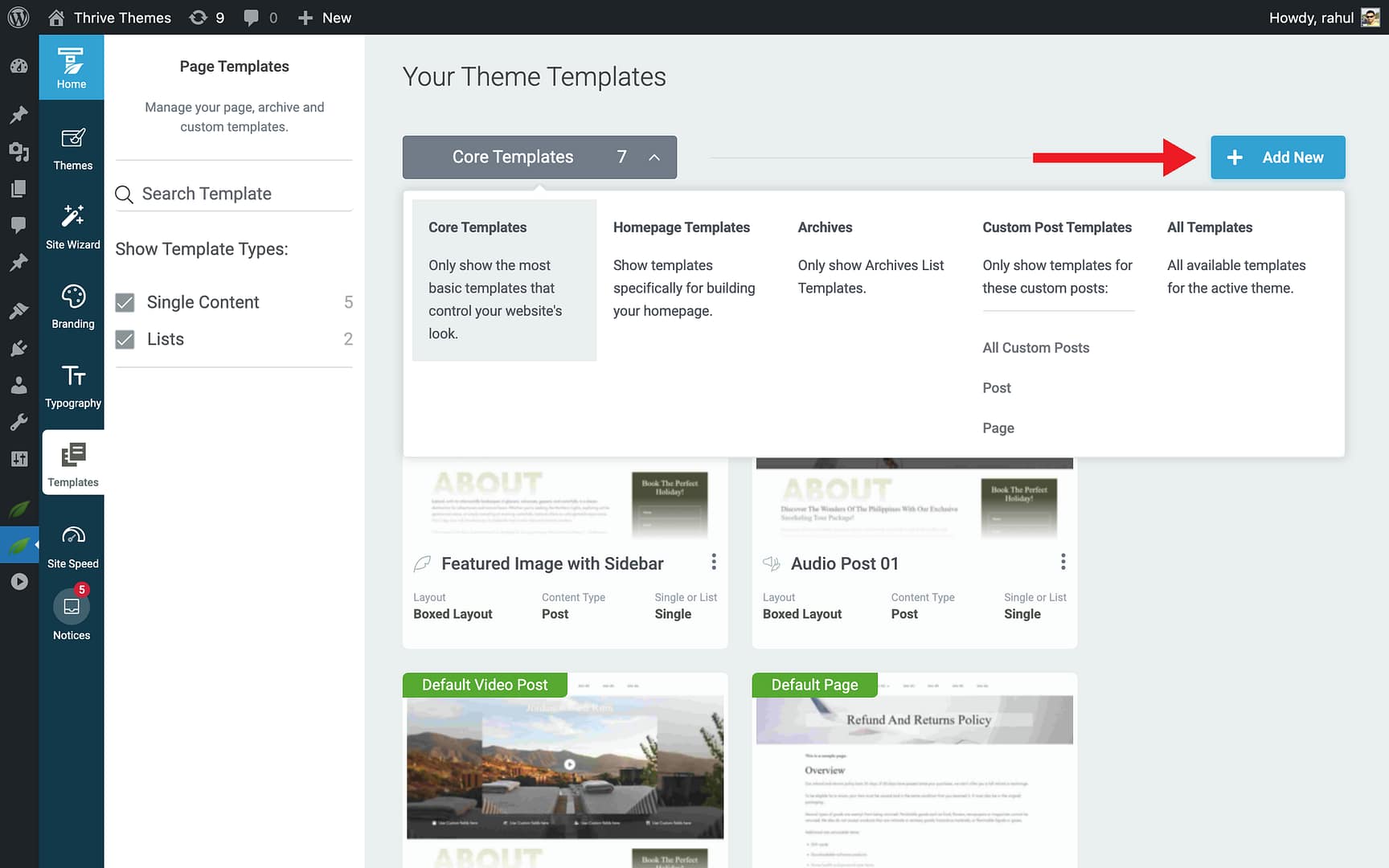 Adding a New Template - Add New in Thrive Theme Builder