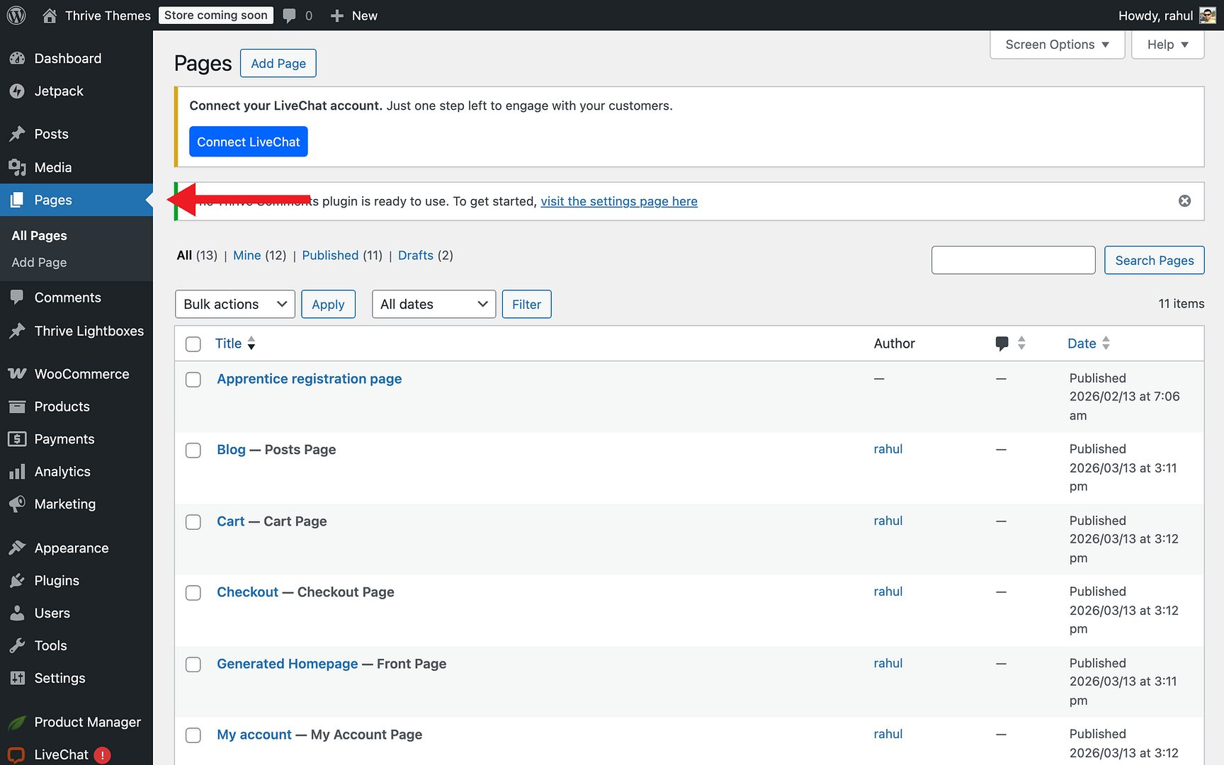 For an Existing Page or Post - Pages in Thrive Architect