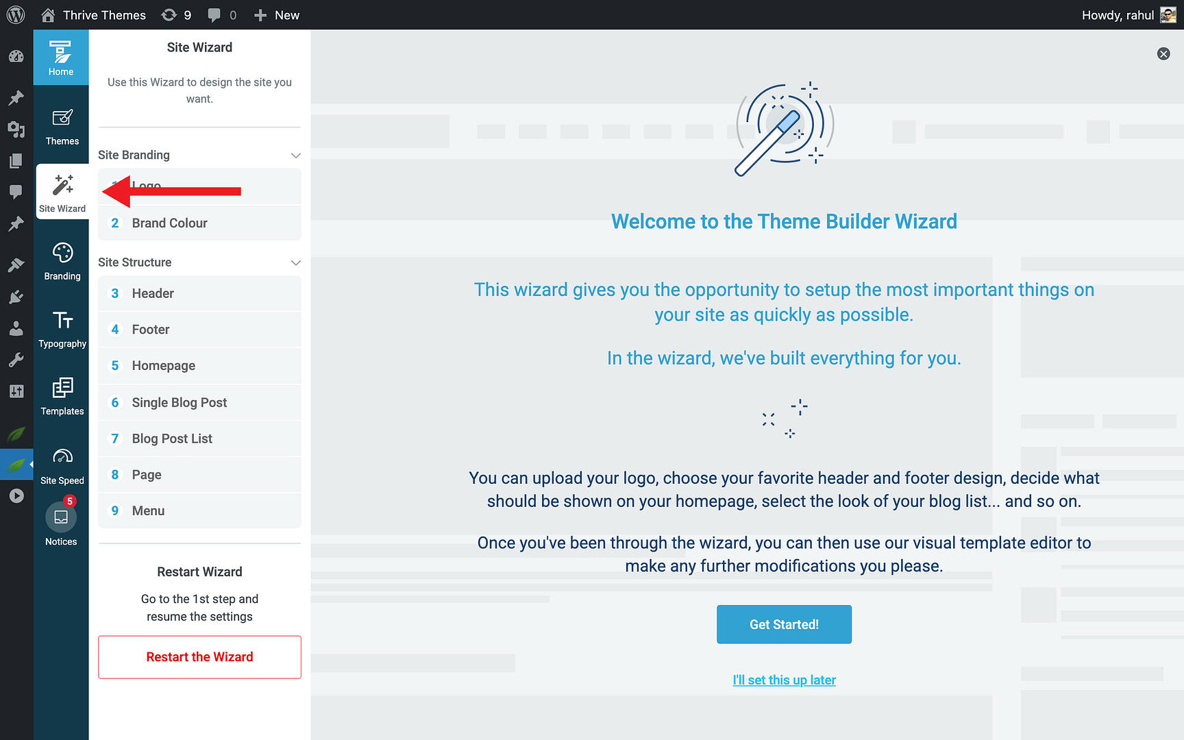 Method 1: Restart the Site Wizard - Site Wizard in Thrive Theme Builder