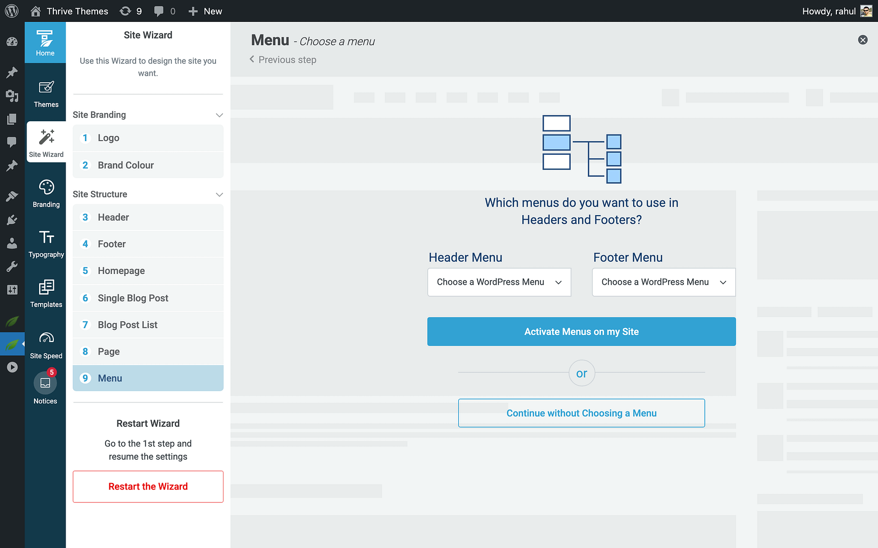 Method 1: Using the Site Wizard - WordPress Menu in Thrive Theme Builder