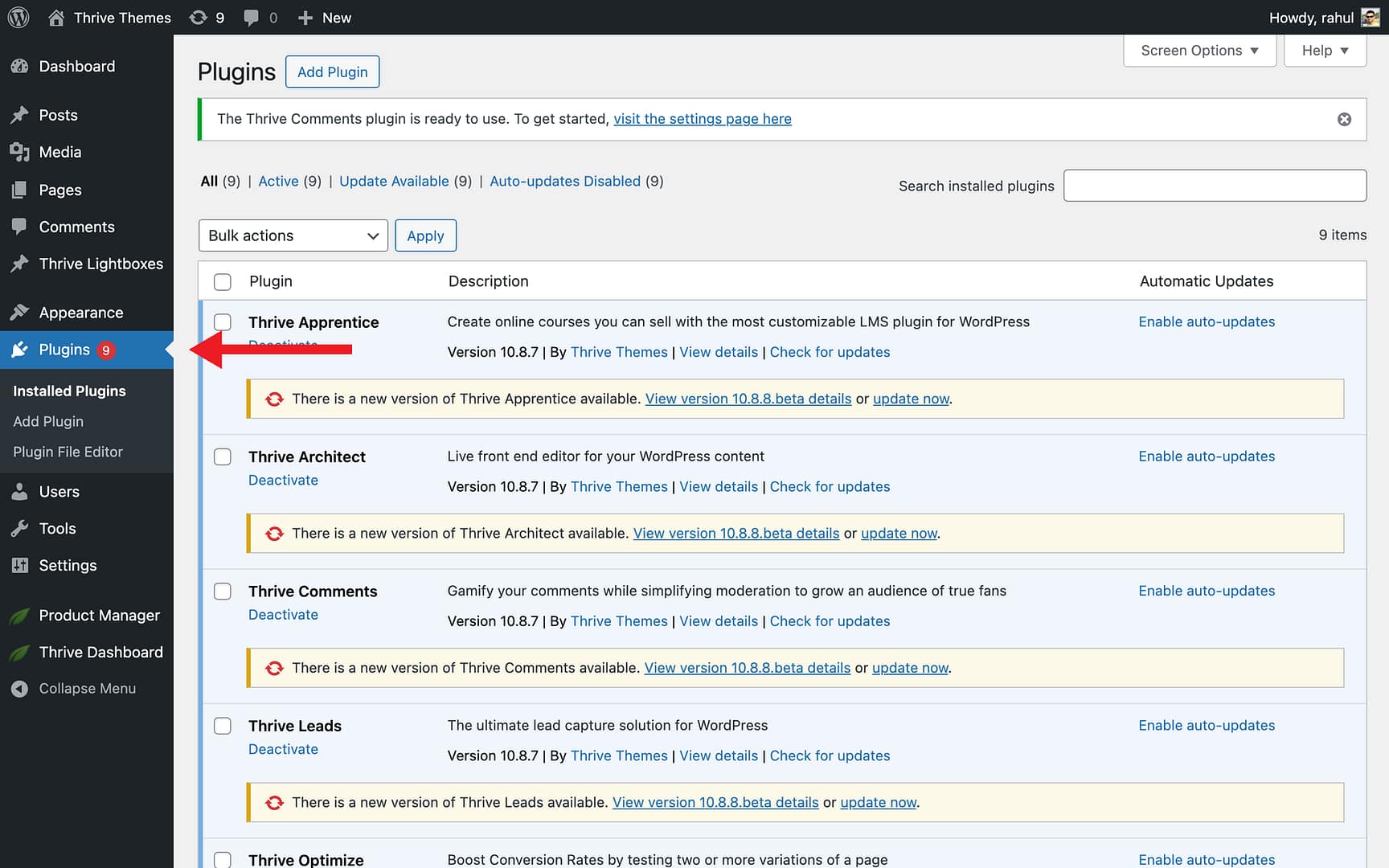 Step 1: Update the Thrive Product Manager - Plugins in Thrive Theme Builder