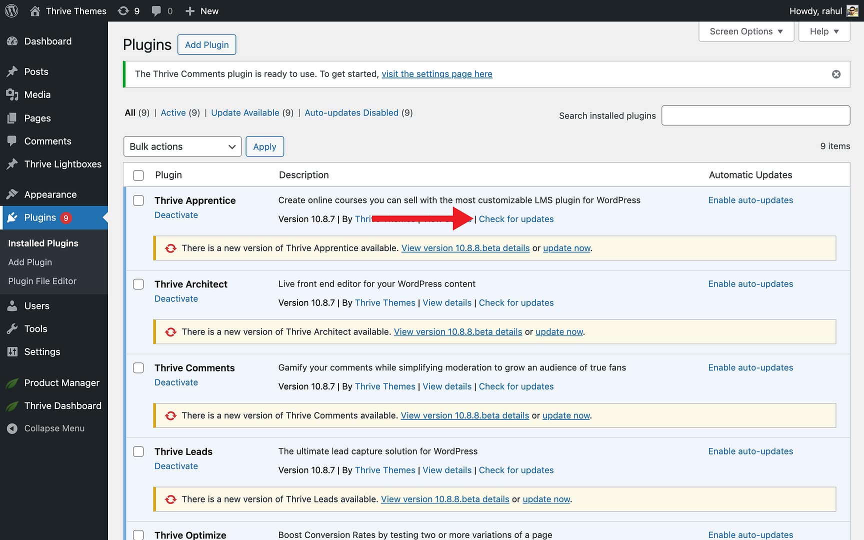 Step 1: Update the Thrive Product Manager - Check for updates in Thrive Theme Builder