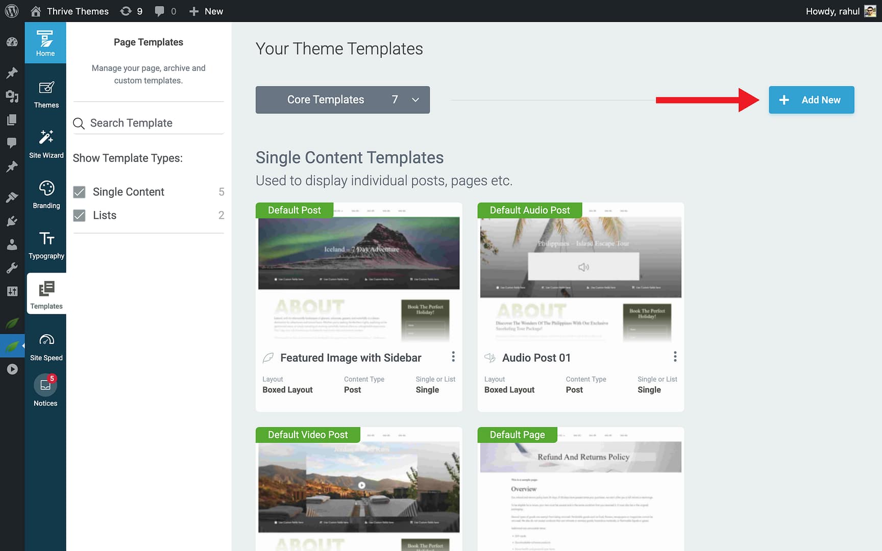 Step 2: Add a New Template - Add New in Thrive Theme Builder