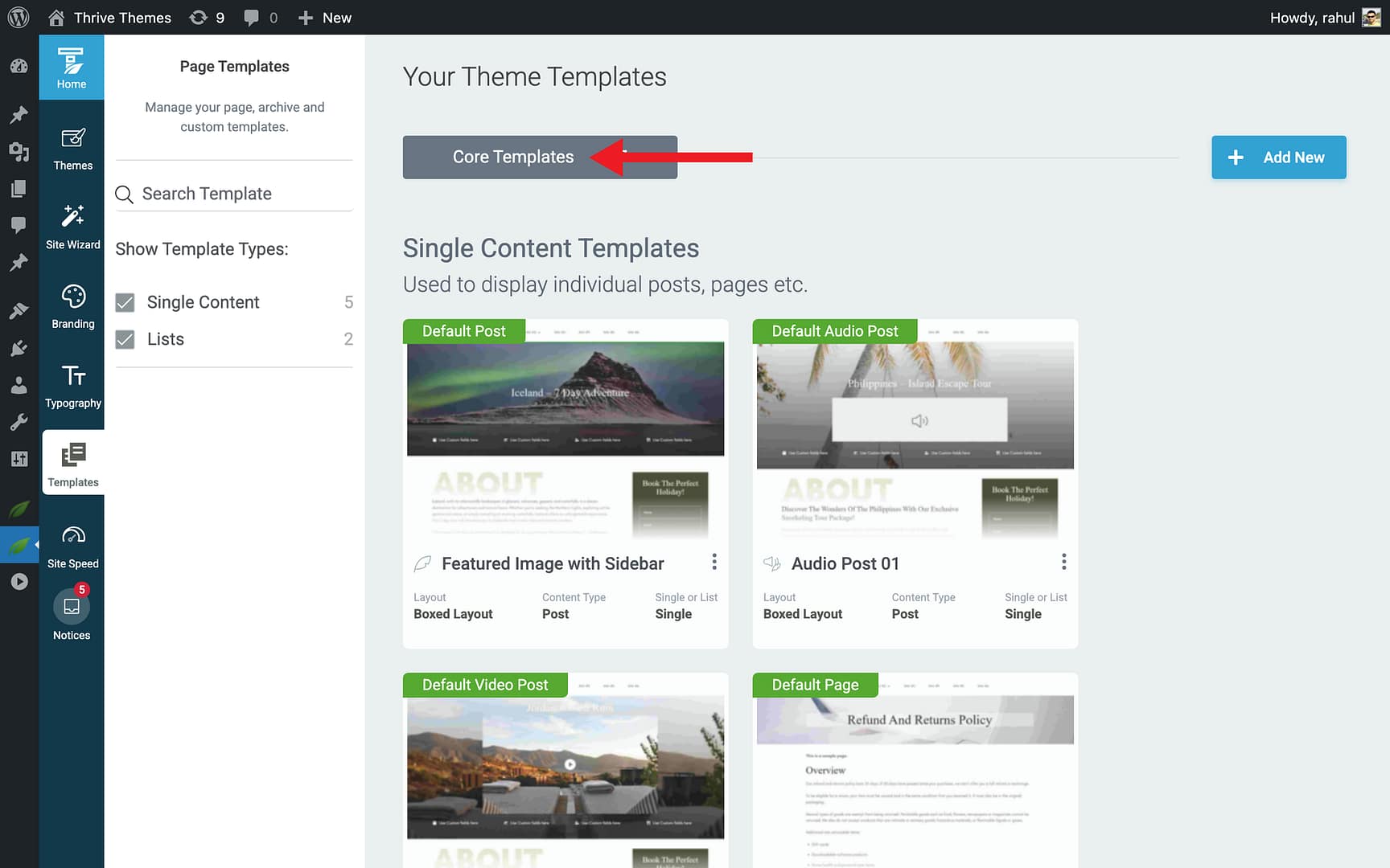 Viewing Template Groups - Core Templates in Thrive Theme Builder