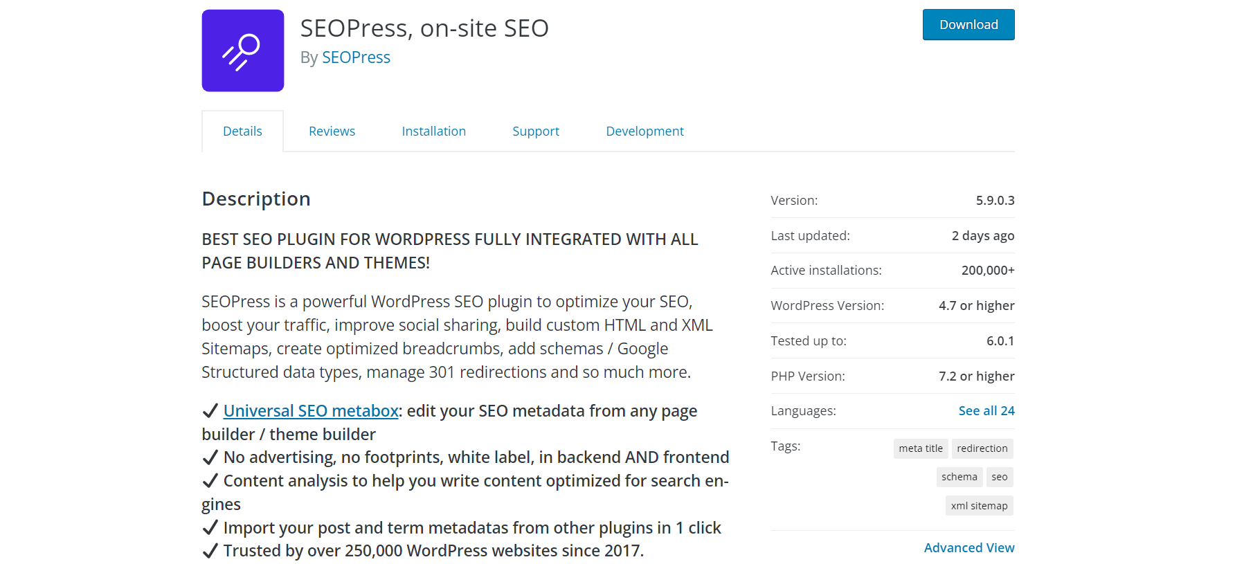 Product description of SEOPress plugin