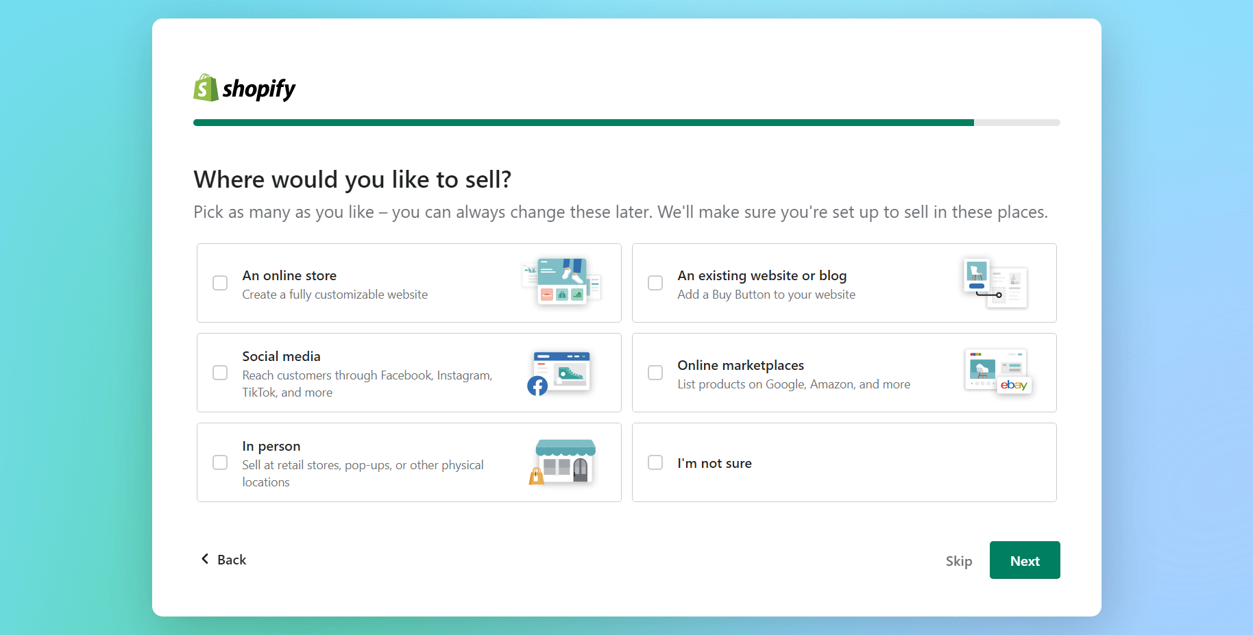 Snapshot of a step in the Shopify setup wizard