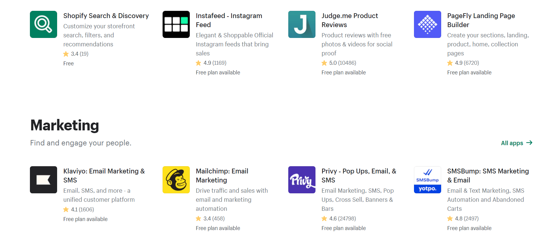 Snapshot of apps in the Shopify App Store