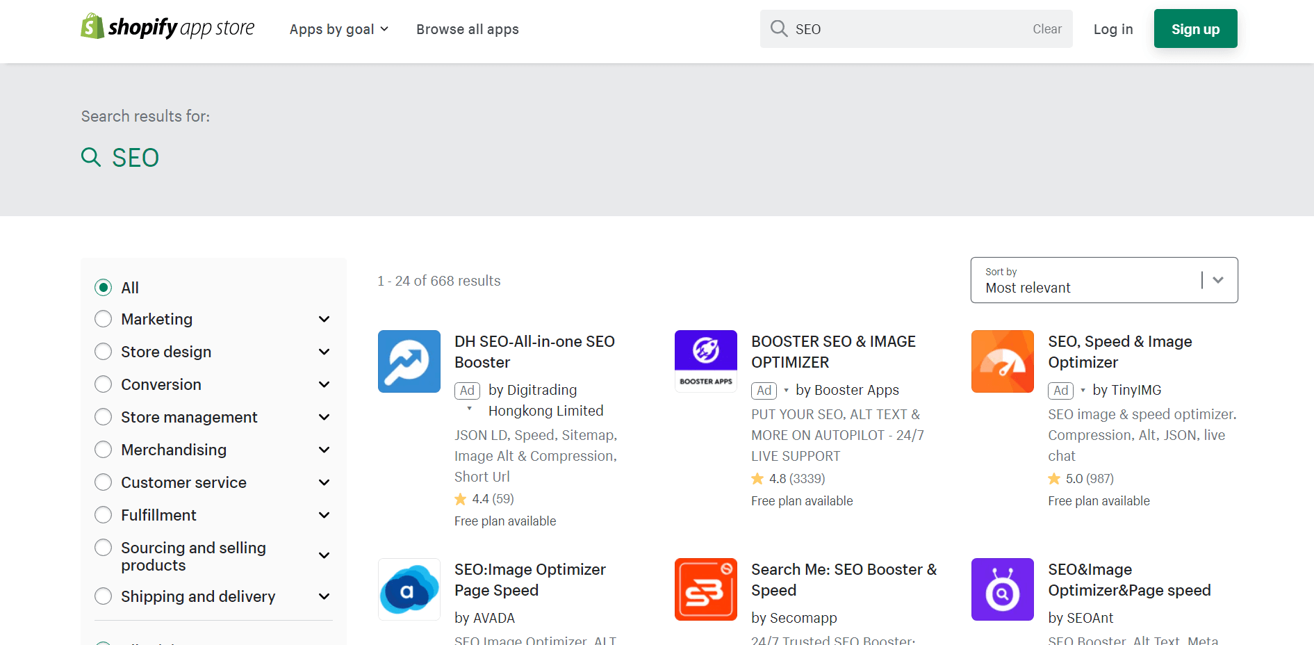 Available SEO apps in the Shopify App Store