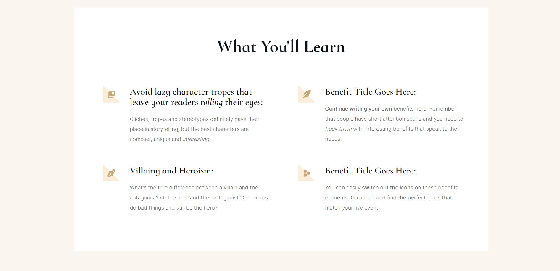Snapshot of a “What You’ll Learn” block in a Bookwise webinar page template