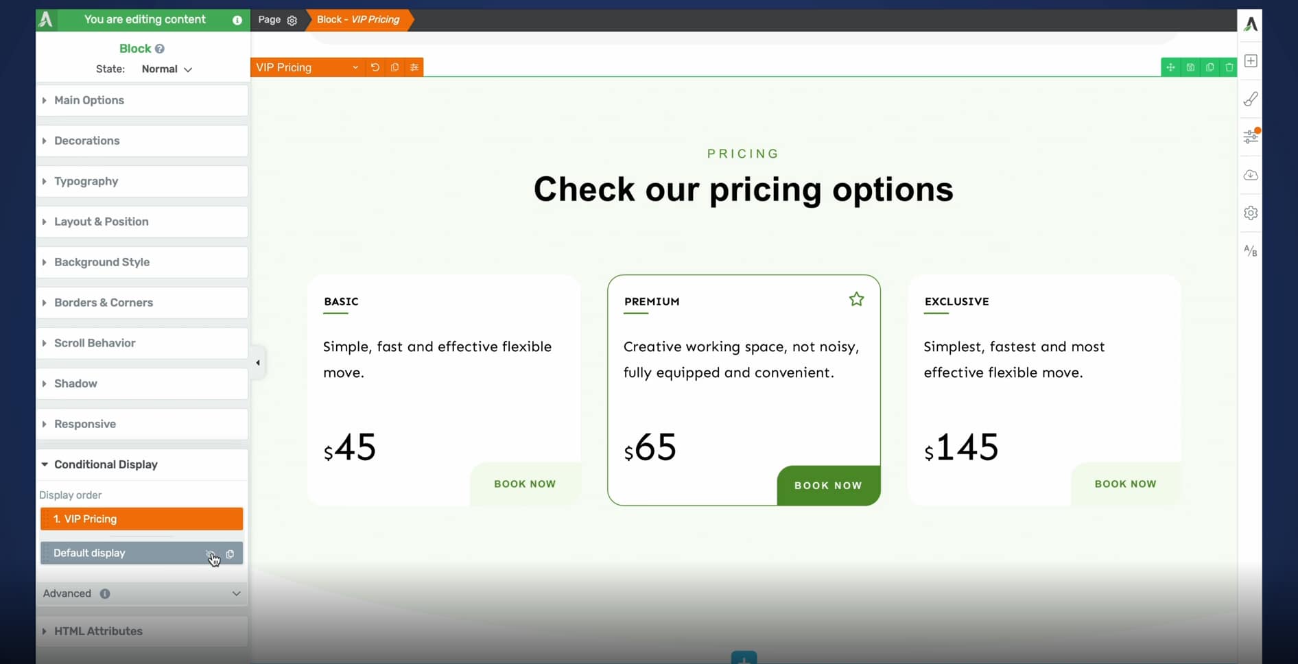 Second display highlighting discounted pricing using Conditional Display in Thrive Architect