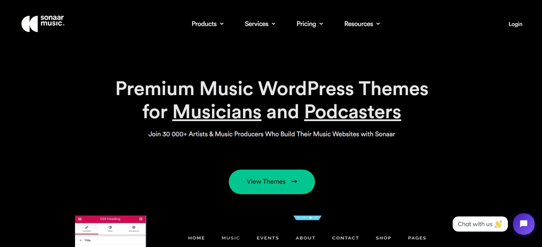 Sonaar WordPress theme for bands and musicians showing a full music band website layout