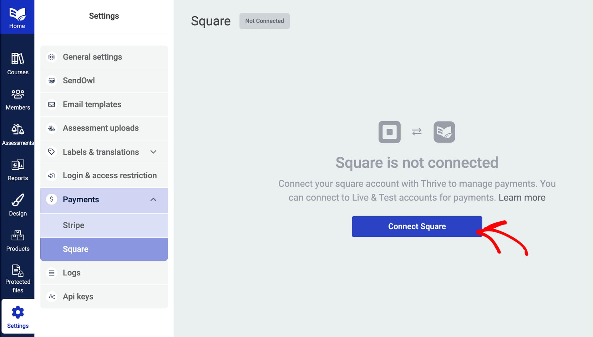 Payment processors page showing the Square option with the Connect button