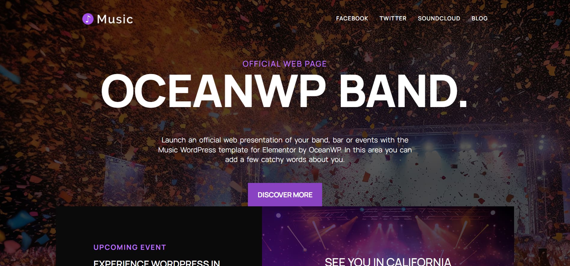 OceanWP Band demo WordPress theme showing a band website with music embeds and tour dates