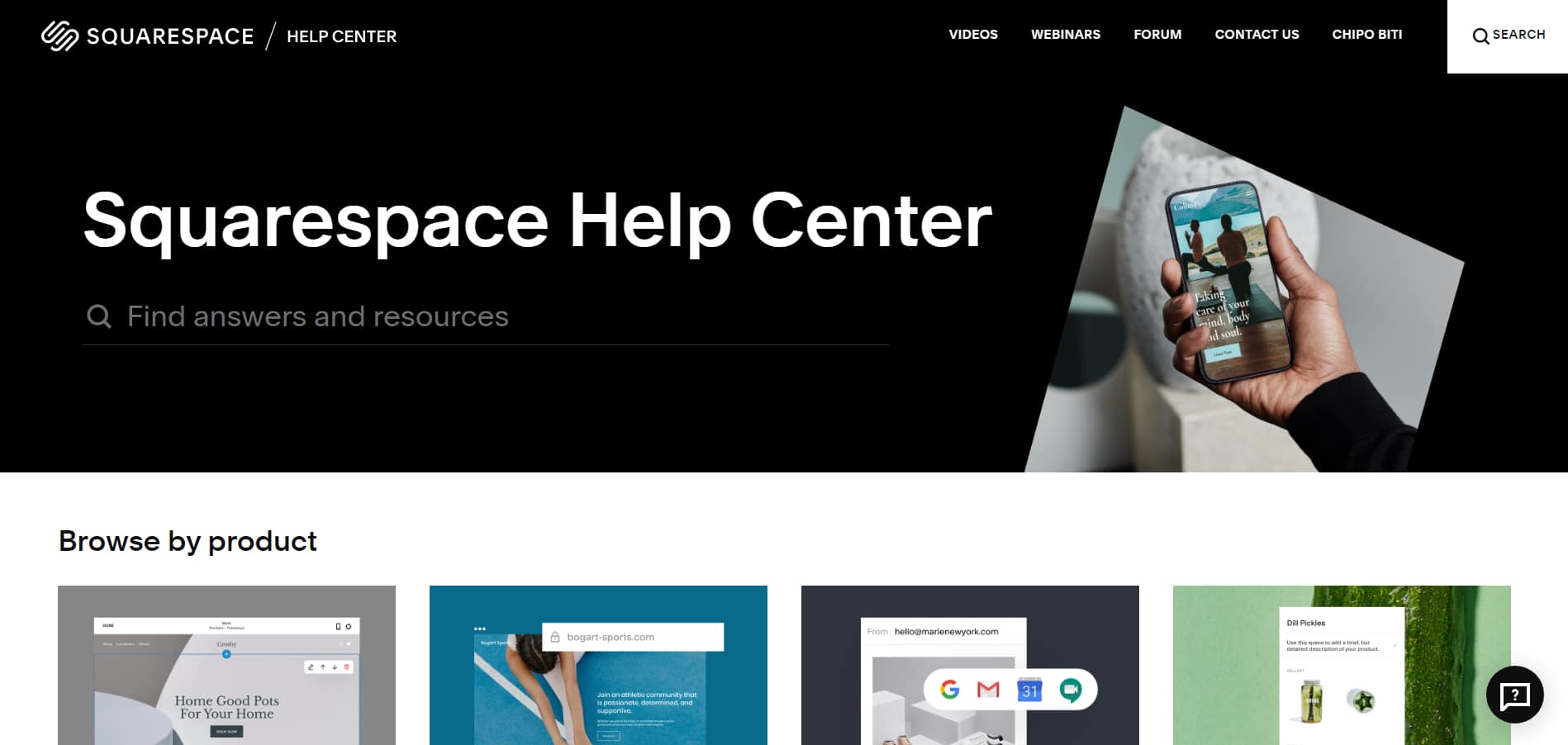 Table of available support resources on Squarespace