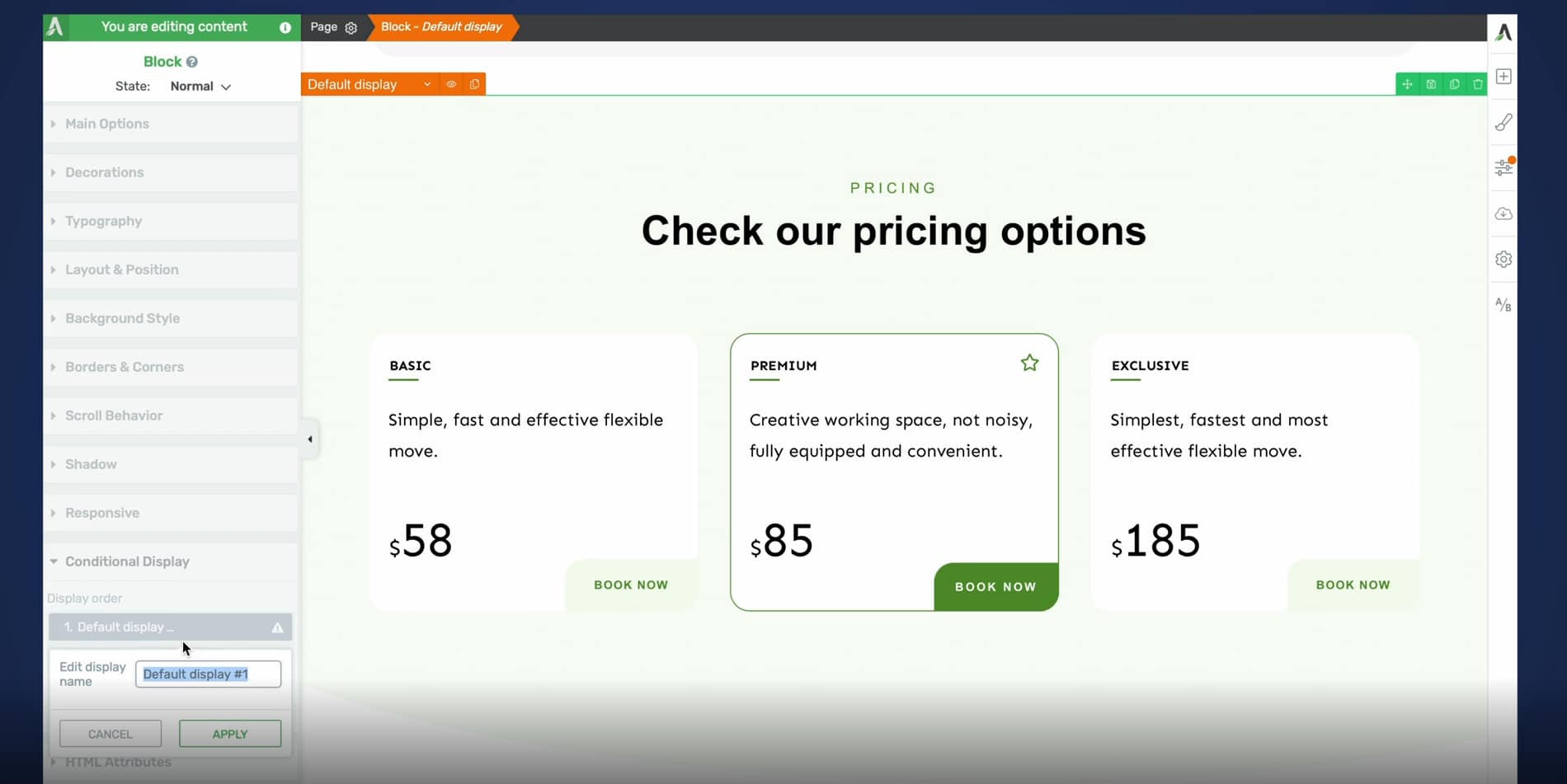 Default pricing display using Conditional Display in Thrive Architect