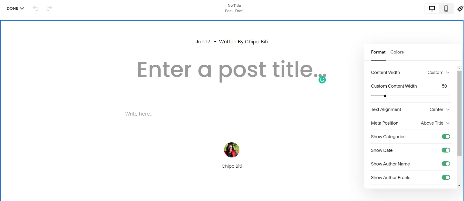 Snapshot of Squarespace’s blog editor
