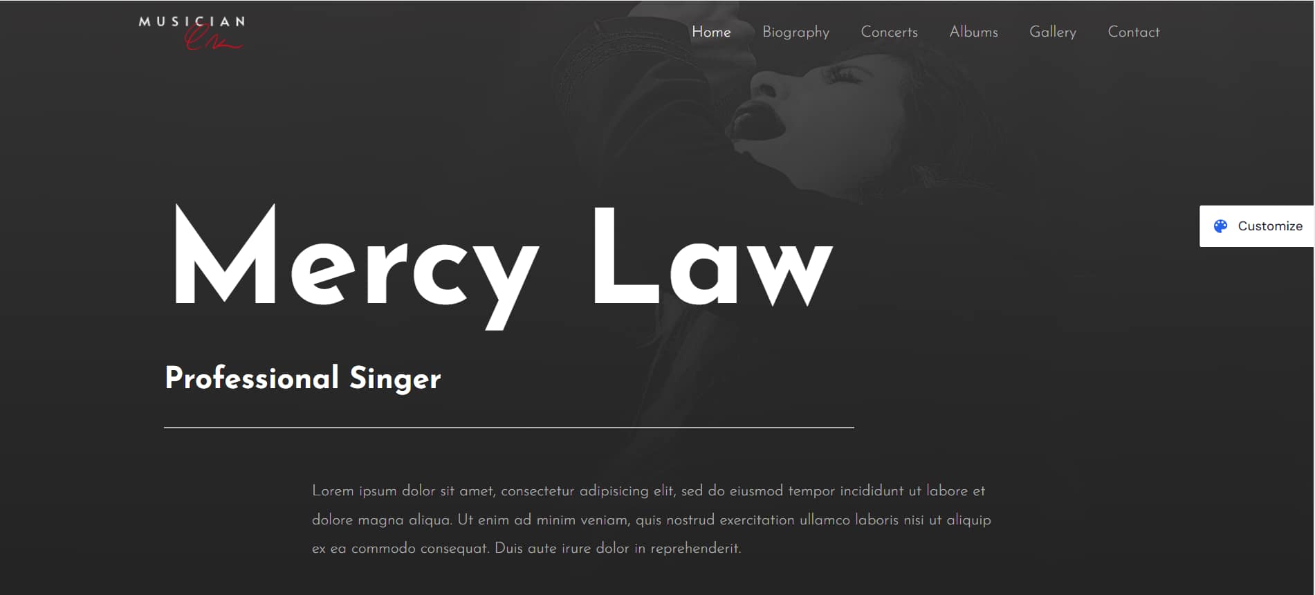 Astra Musician WordPress theme template designed for solo artists and singer-songwriters