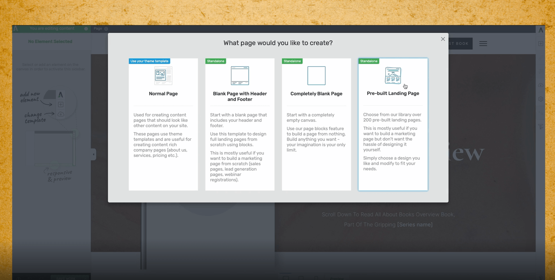 Snapshot of page creation screen in Thrive Architect