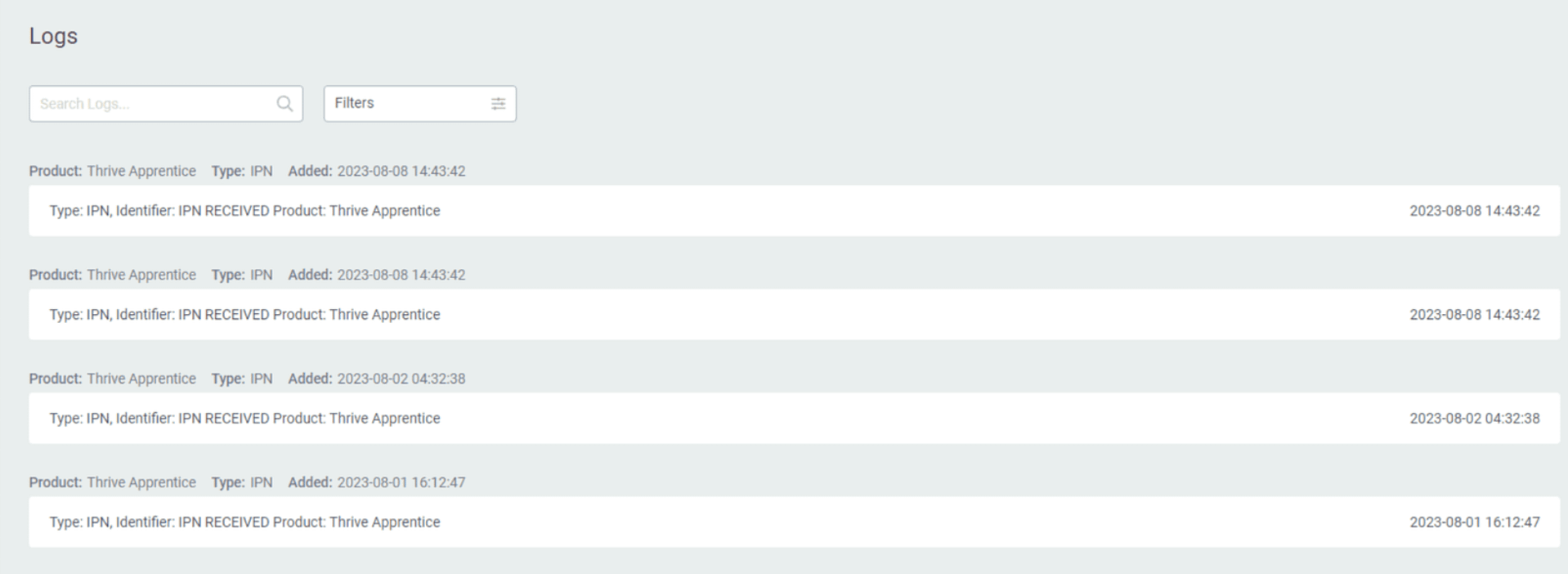 SendOwl log entries showing webhook events