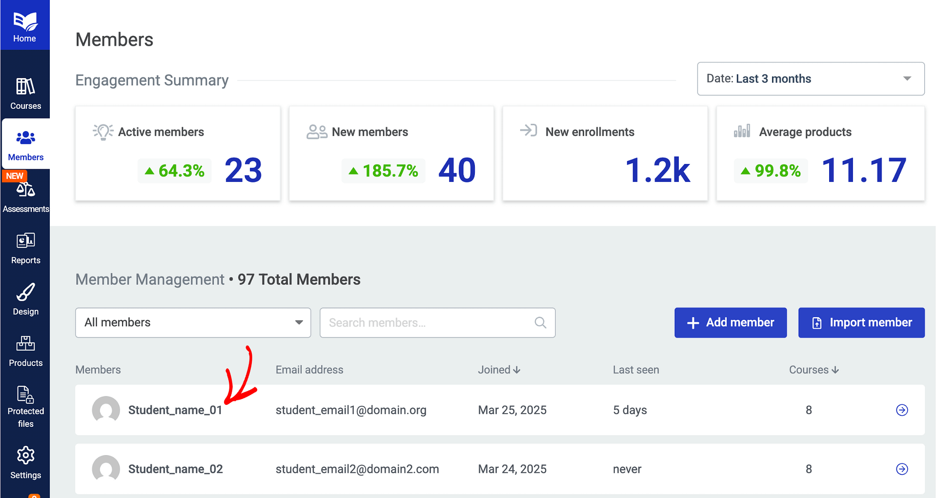 Select the student from the Members list