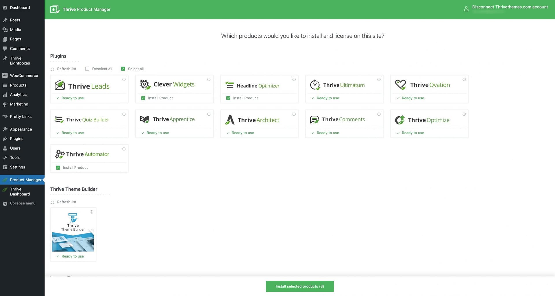 Thrive Suite plugins in Thrive Product Manager