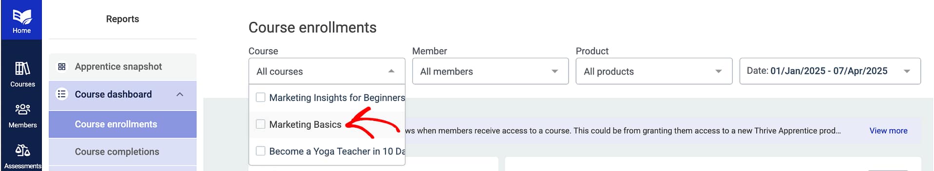 Select a course from the Course dropdown