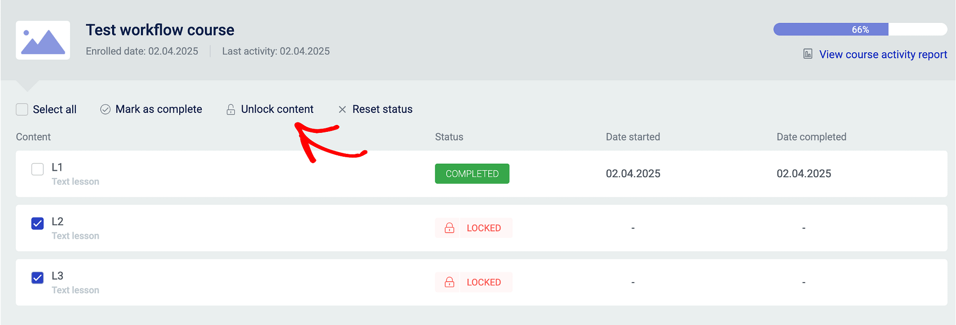 Select lessons with checkboxes and click Unlock content