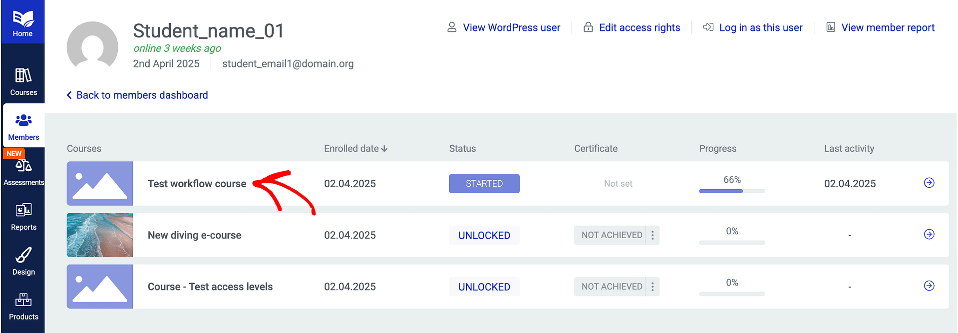 Click the course to expand and see its lessons and their status