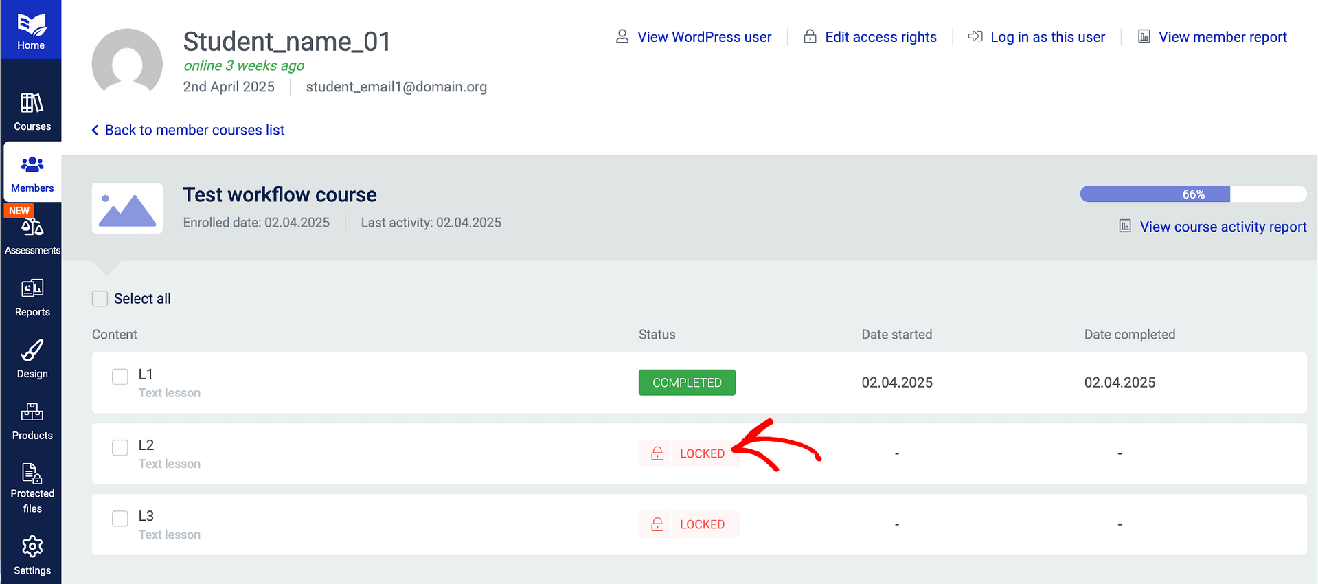 Click the Locked text in the status column next to the lesson