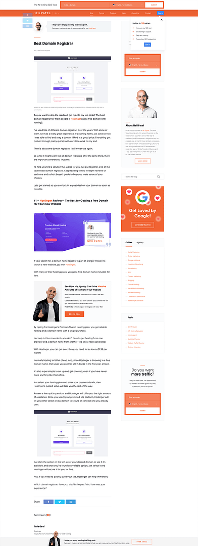 Neil Patel's Blog Post Layout with Several calls-to-action included.